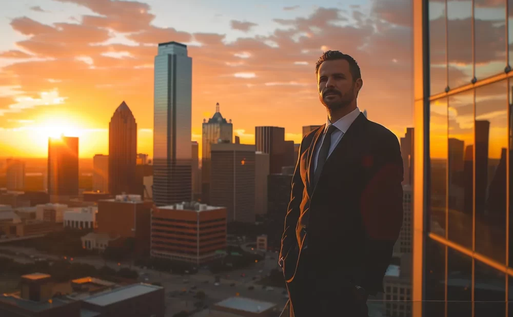 a confident dallas car wreck attorney standing beside a sleek legal office, framed by the vibrant city skyline at sunset, projecting authority and determination in maximizing accident claims.