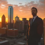 a confident dallas car wreck attorney standing beside a sleek legal office, framed by the vibrant city skyline at sunset, projecting authority and determination in maximizing accident claims.