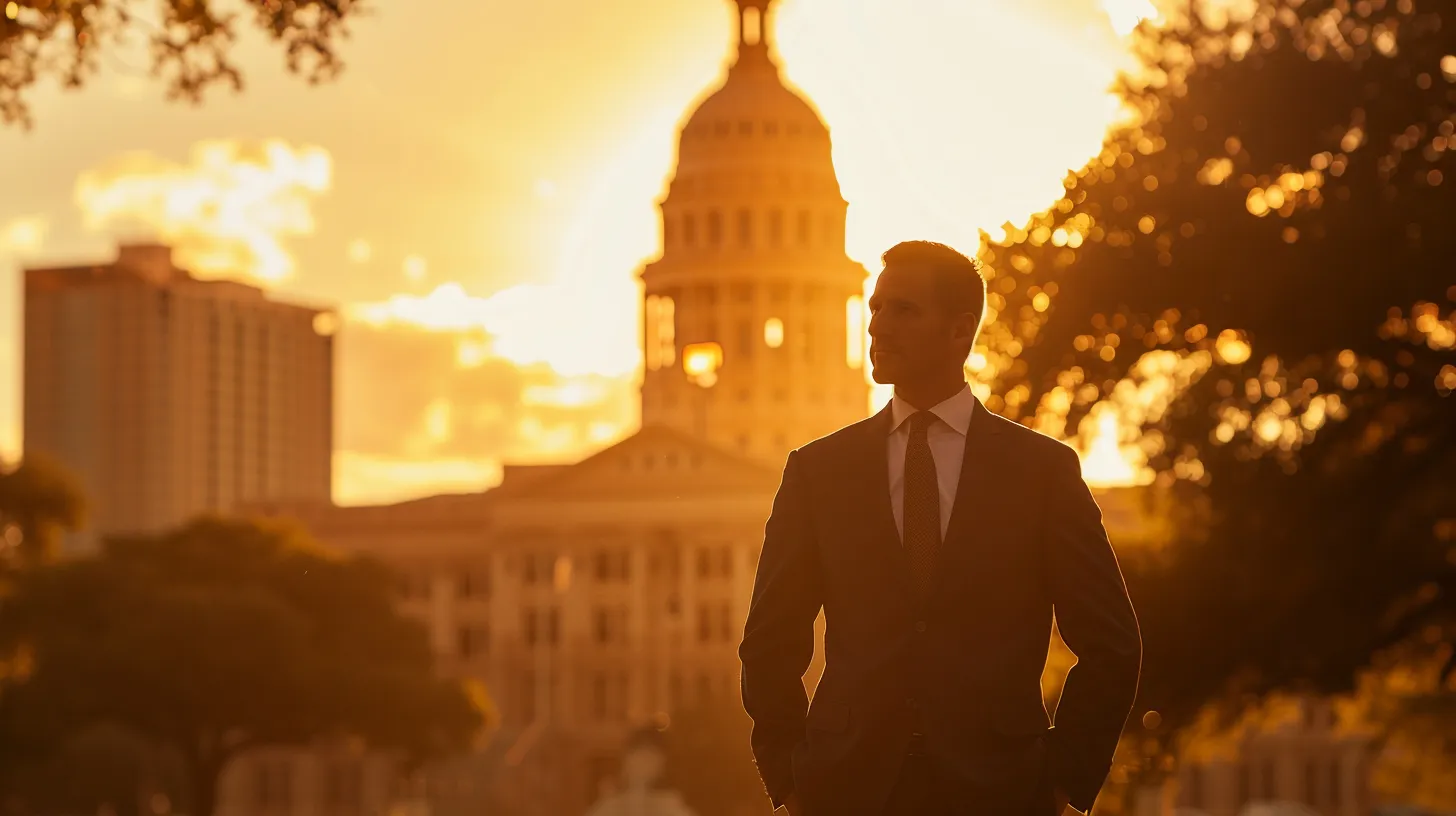 a confident local injury lawyer stands in front of the iconic texas state capitol building in austin, tx, exuding professionalism and trust, with warm afternoon sunlight illuminating the scene.