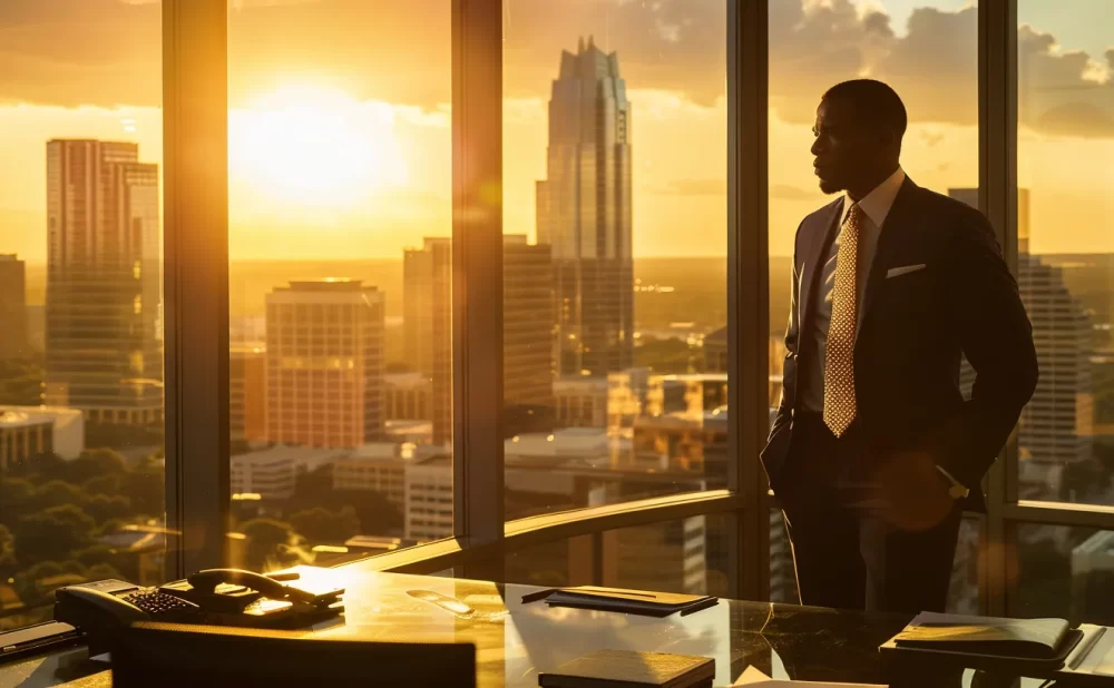 a confident personal injury attorney stands poised in a sunlit austin office, conveying authority and trust while reviewing case files against a backdrop of the vibrant city skyline.