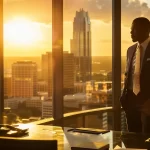 a confident personal injury attorney stands poised in a sunlit austin office, conveying authority and trust while reviewing case files against a backdrop of the vibrant city skyline.