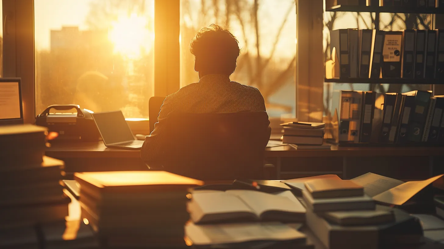 a contemplative person seated in a sunlit office, surrounded by legal books and documents, gazes thoughtfully out the window, symbolizing the peace and clarity brought by consulting a legal professional after a car accident.