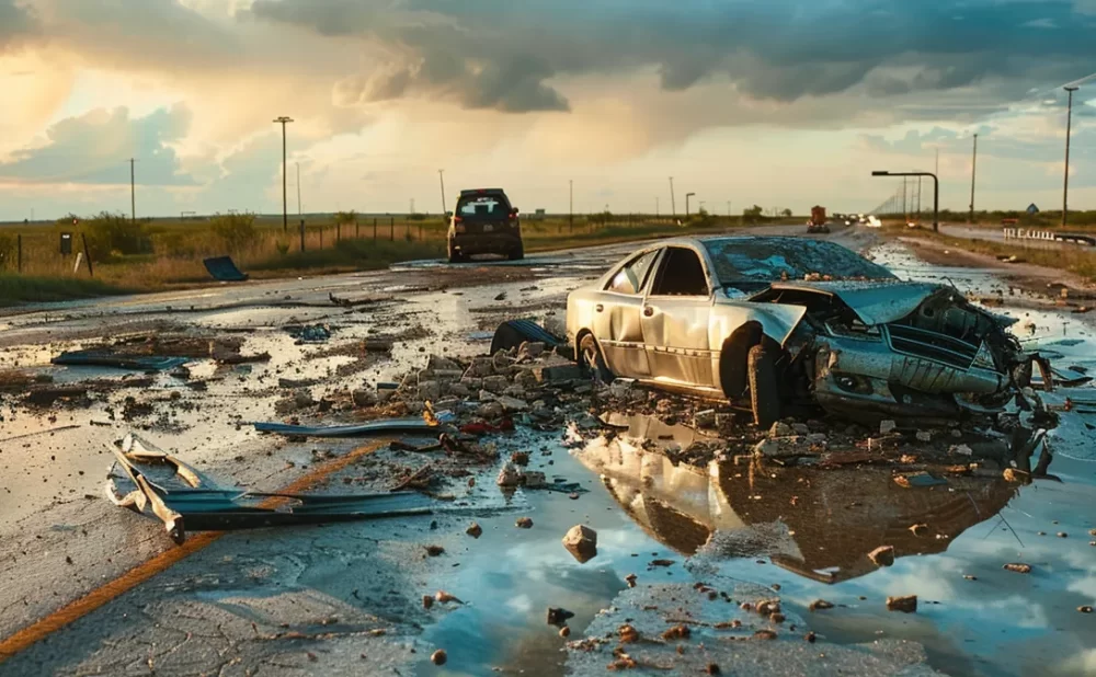 a damaged car sits on the side of a texas highway, debris scattered across the road as a tow truck arrives to clear the wreckage.