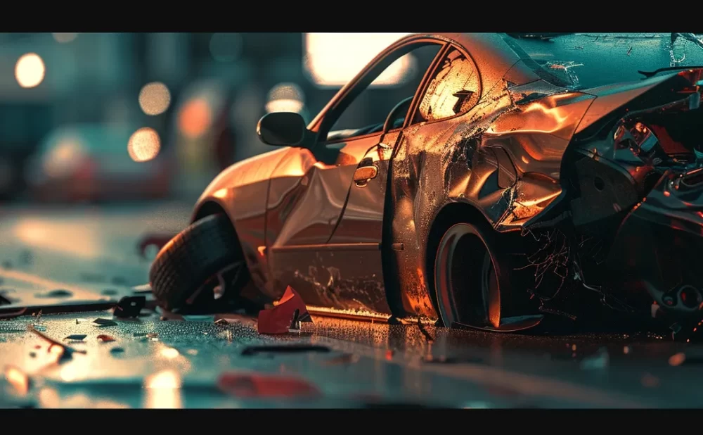 a damaged car with shattered glass and deployed airbags parked on the side of the road after a car accident.