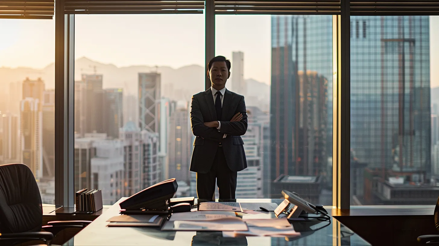 a determined attorney stands confidently in a modern office, surrounded by legal documents and a striking city skyline view, symbolizing the fight for justice in slip and fall injury cases.