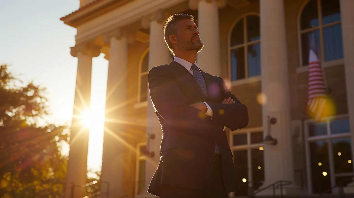 a determined laredo car crash attorney stands confidently outside a courthouse, surrounded by sunlit texas landscape, symbolizing the pursuit of justice for accident victims.