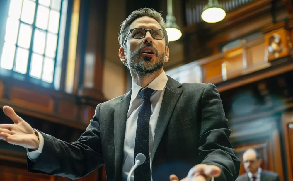 a determined lawyer in a courtroom, passionately arguing a case with a laser-focused gaze.