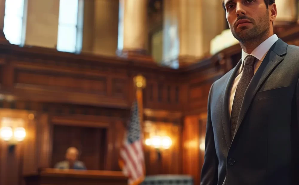 a determined lawyer in a sharp suit standing in a bustling courtroom, passionately advocating for injured victims of dui accidents.