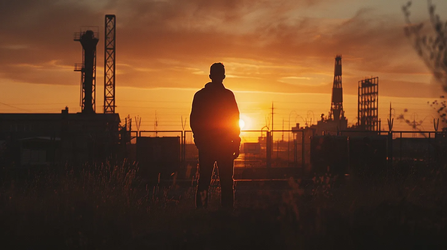 a determined oilfield worker stands confidently at sunset, silhouetted against a backdrop of drilling rigs, symbolizing the pursuit of justice through experienced legal representation.