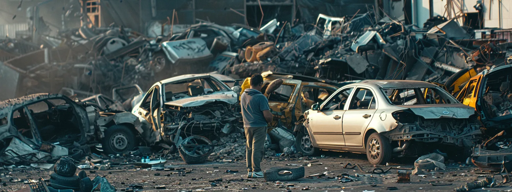 a distraught individual surrounded by demolished cars and debris, seeking legal guidance after a devastating alcohol-related car accident.