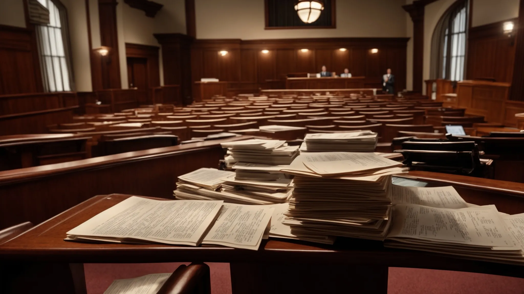 a dramatic courtroom scene illuminated by soft overhead lighting captures a focused attorney examining a large array of accident evidence, including transport records and detailed reports, emphasizing the meticulous process of building a strong case for justice.