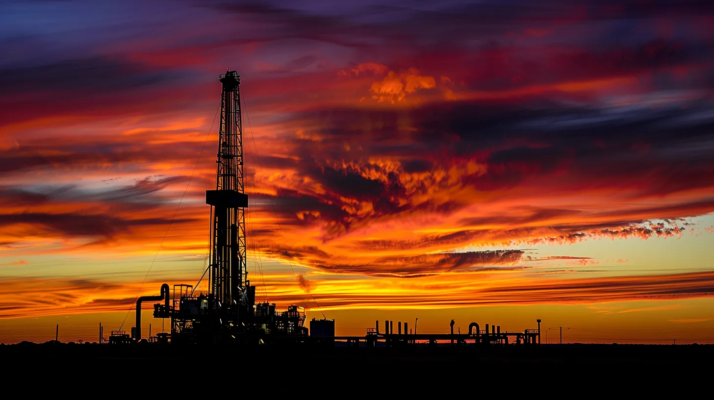 a dramatic oilfield scene at dusk captures the juxtaposition of towering drilling rigs silhouetted against a fiery sunset, highlighting the inherent dangers and complexities of the industry.