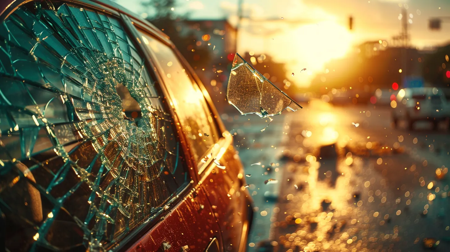 a dramatic scene capturing a sunlit urban street in laredo with a poignant focus on a shattered car window, symbolizing the urgency of timely legal action after a crash, framed against a blurred background of the bustling city life.