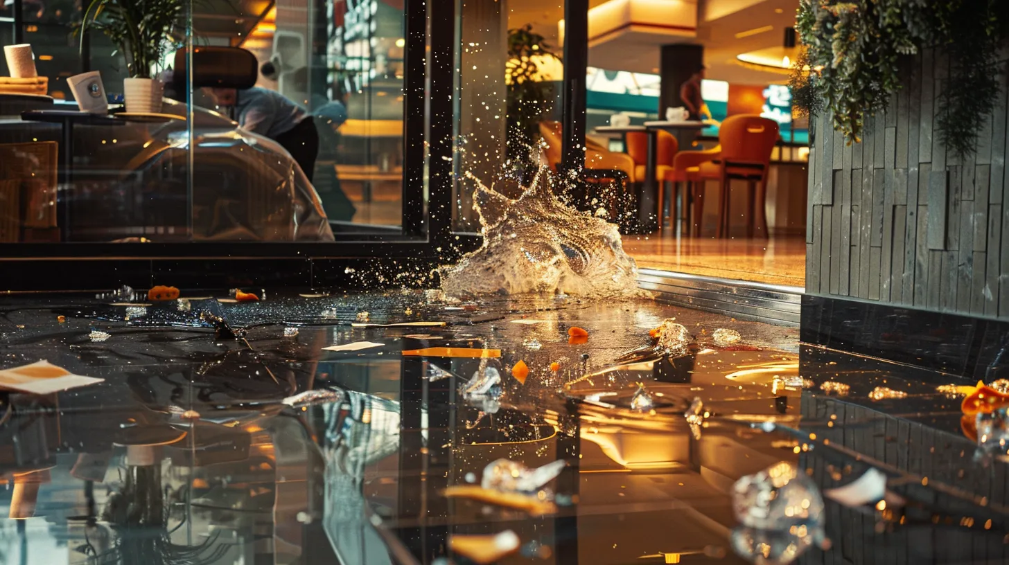 a dramatic scene depicting a slip and fall accident, showcasing a smooth, wet floor in a bustling indoor setting, with vivid splashes of water highlighting the moment of impact under soft, diffused lighting that emphasizes the urgency of documentation and safety.