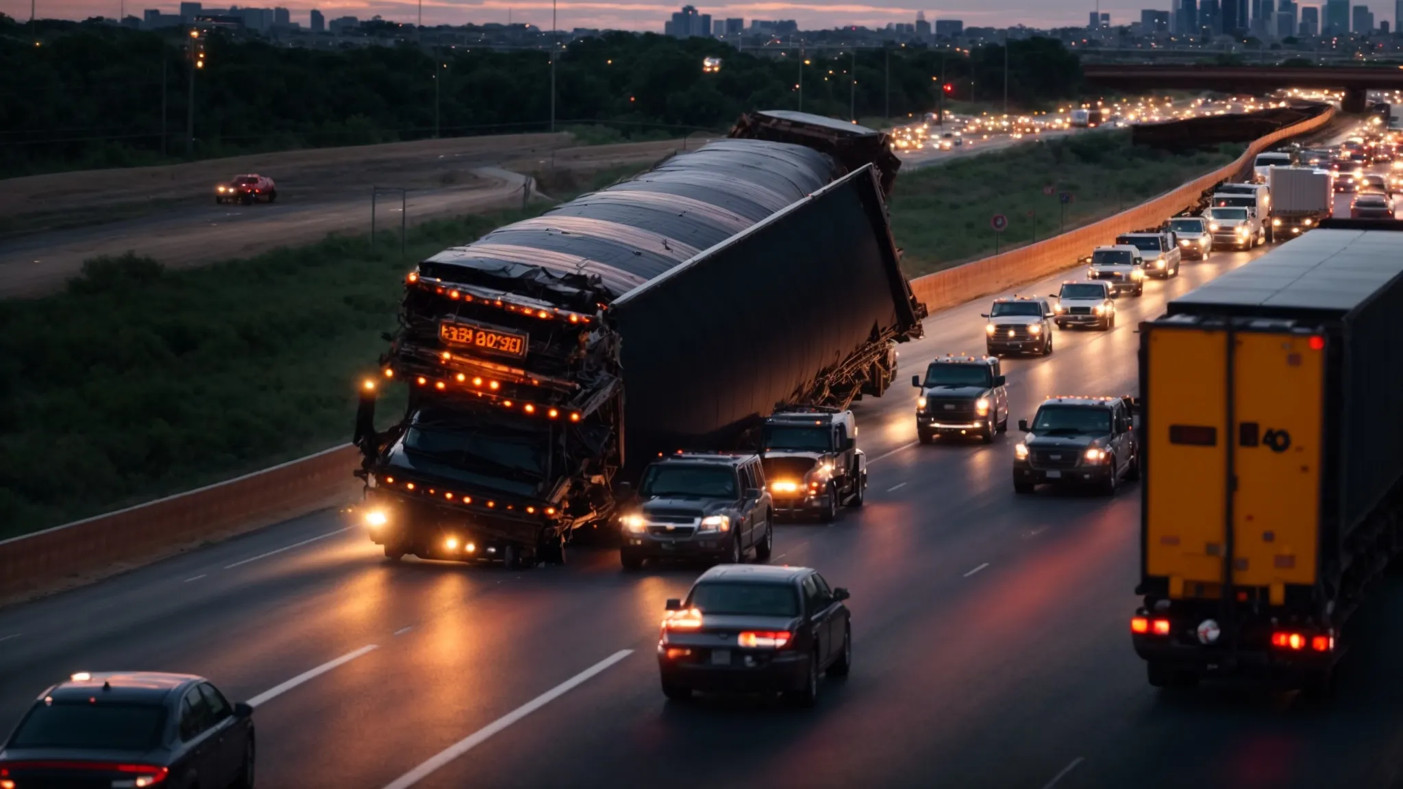 a dramatic scene showcases a powerful 18-wheeler overturned on a dallas highway, surrounded by flashing emergency lights and a blurred city skyline at dusk, capturing the urgency and gravity of the legal complexities that follow such accidents.