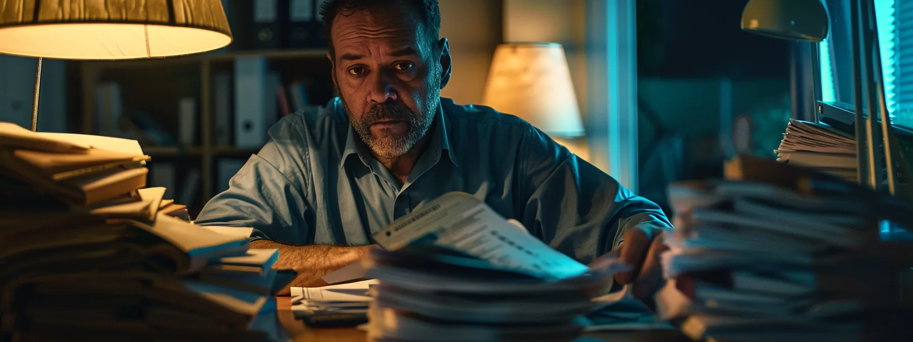 a driver sitting at a desk, surrounded by paperwork and insurance documents, with a look of determination on their face as they navigate the claims process in texas.