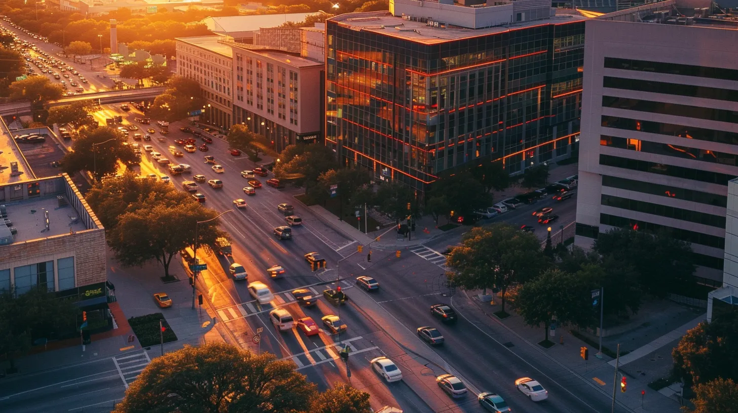 a dynamic aerial view of a bustling austin street scene, showcasing a diverse array of vehicles, symbolic of car accident claims, alongside an office building representing workplace injuries, all illuminated by the warm glow of a setting sun to convey urgency and advocacy in personal injury cases.