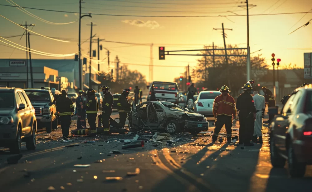 a dynamic and emotional scene capturing a bustling laredo street, bathed in warm afternoon sunlight, featuring a dramatic car accident aftermath with emergency responders attending to the wreckage and concerned onlookers reflecting the urgency of legal representation.