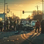 a dynamic and emotional scene capturing a bustling laredo street, bathed in warm afternoon sunlight, featuring a dramatic car accident aftermath with emergency responders attending to the wreckage and concerned onlookers reflecting the urgency of legal representation.