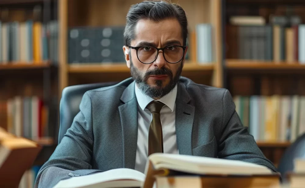 a focused and determined lawyer in a modern office, surrounded by law books and a computer, symbolizing expertise and dedication in medical malpractice cases.