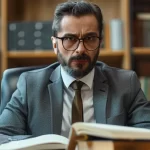 a focused and determined lawyer in a modern office, surrounded by law books and a computer, symbolizing expertise and dedication in medical malpractice cases.