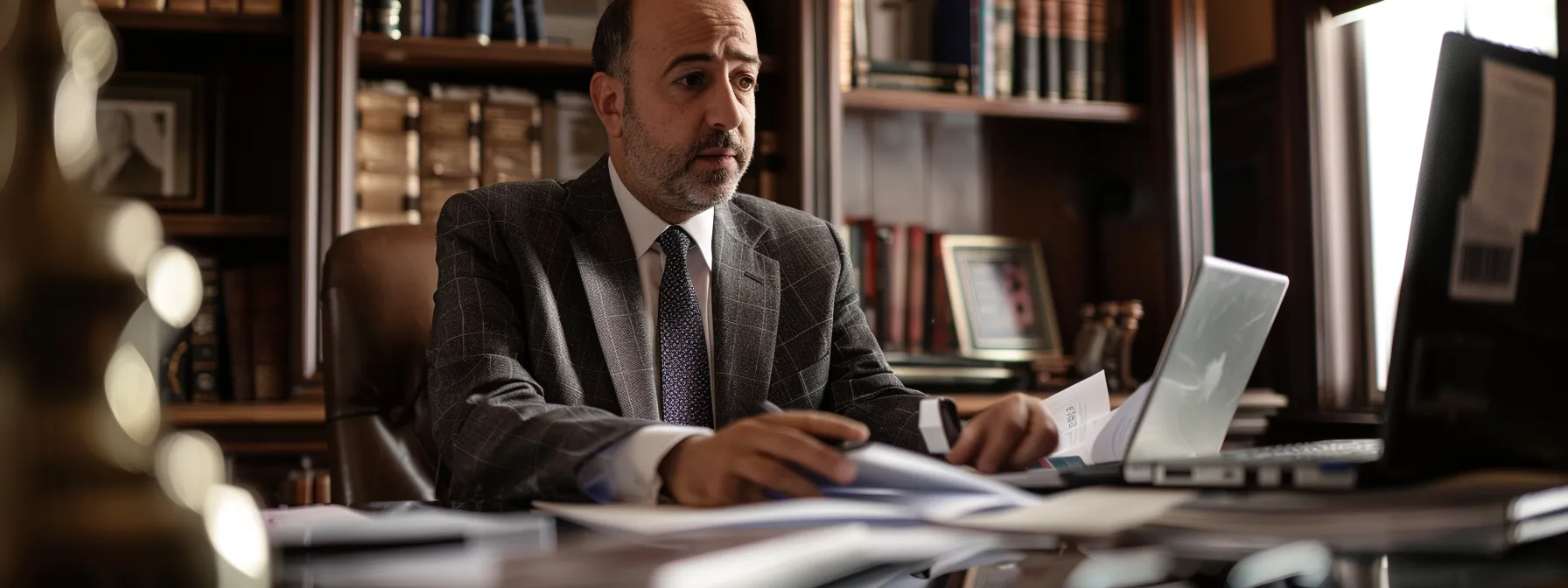 a focused attorney sitting at a desk covered with legal documents and a laptop, deep in conversation with a client, illustrating collaboration and legal expertise.