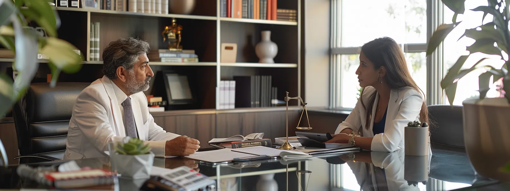 a focused individual consults with a personal injury lawyer in a sleek modern office setting, surrounded by legal books and documents, highlighting professional guidance and protection.