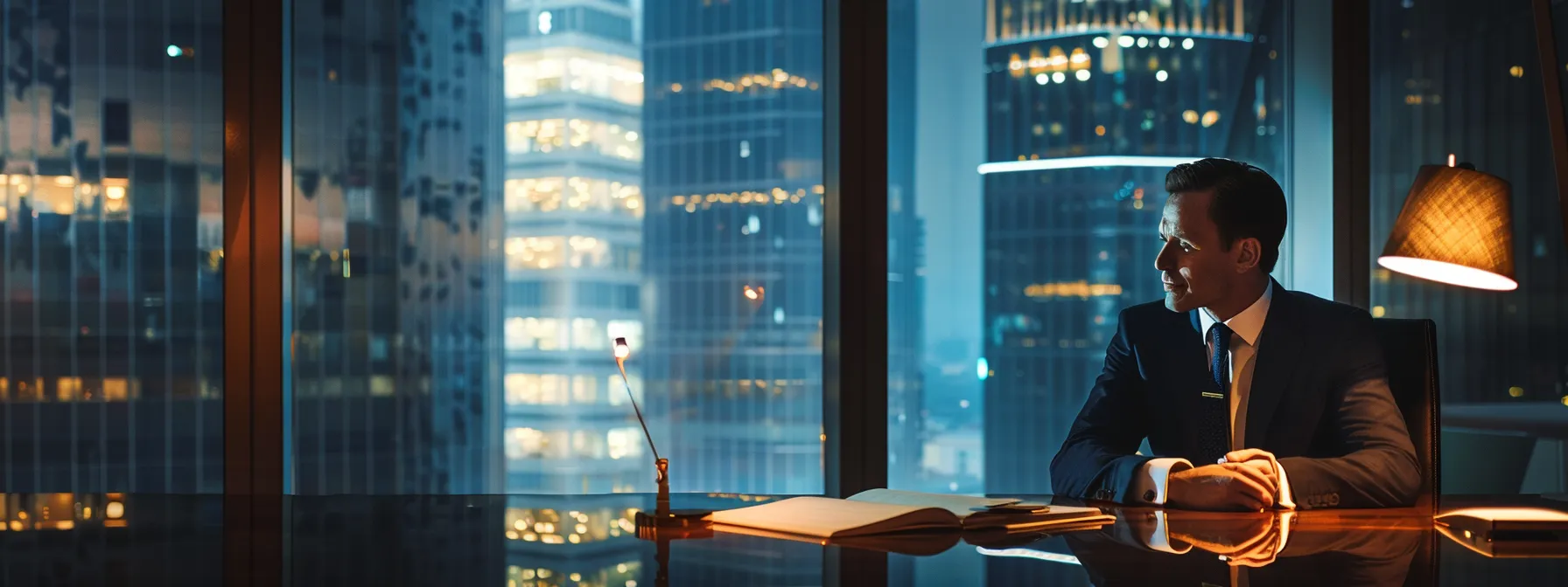 a focused lawyer, confidently discussing legal strategies with a client in a modern, well-appointed law office.