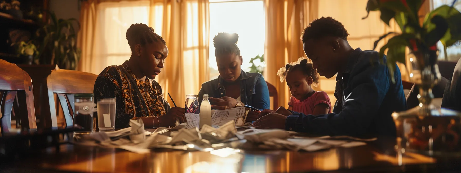 a grieving family sitting around a table covered with medical bills and funeral expenses, symbolizing the financial burden of a wrongful death.