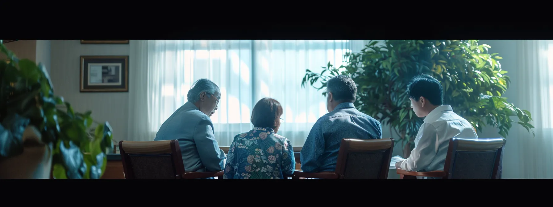 a grieving family sitting together with a lawyer, discussing wrongful death claims in a serene office setting in san diego.