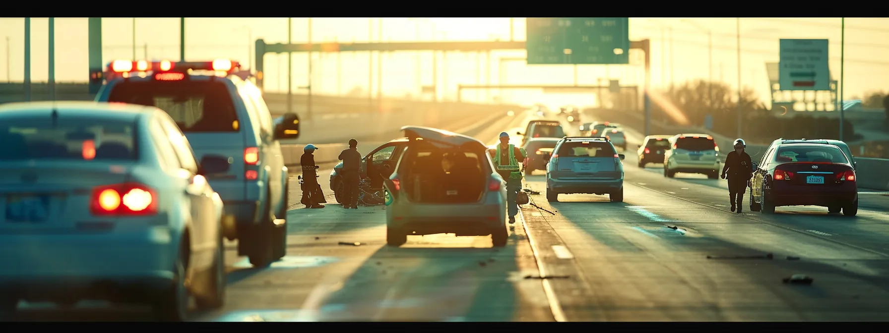 a group of people quickly assessing injuries and moving vehicles to safety on a busy highway after a car accident.