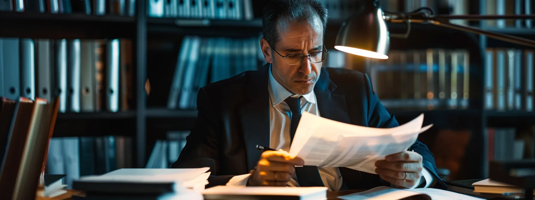 a lawyer carefully examining documents in a dimly lit office, preparing for a personal injury lawsuit in texas.