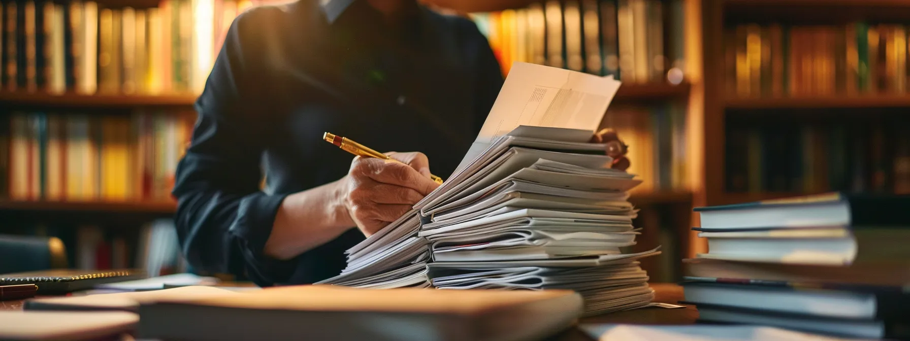 a lawyer reviewing a thick stack of documents related to texas truck accident regulations, surrounded by books and legal papers.