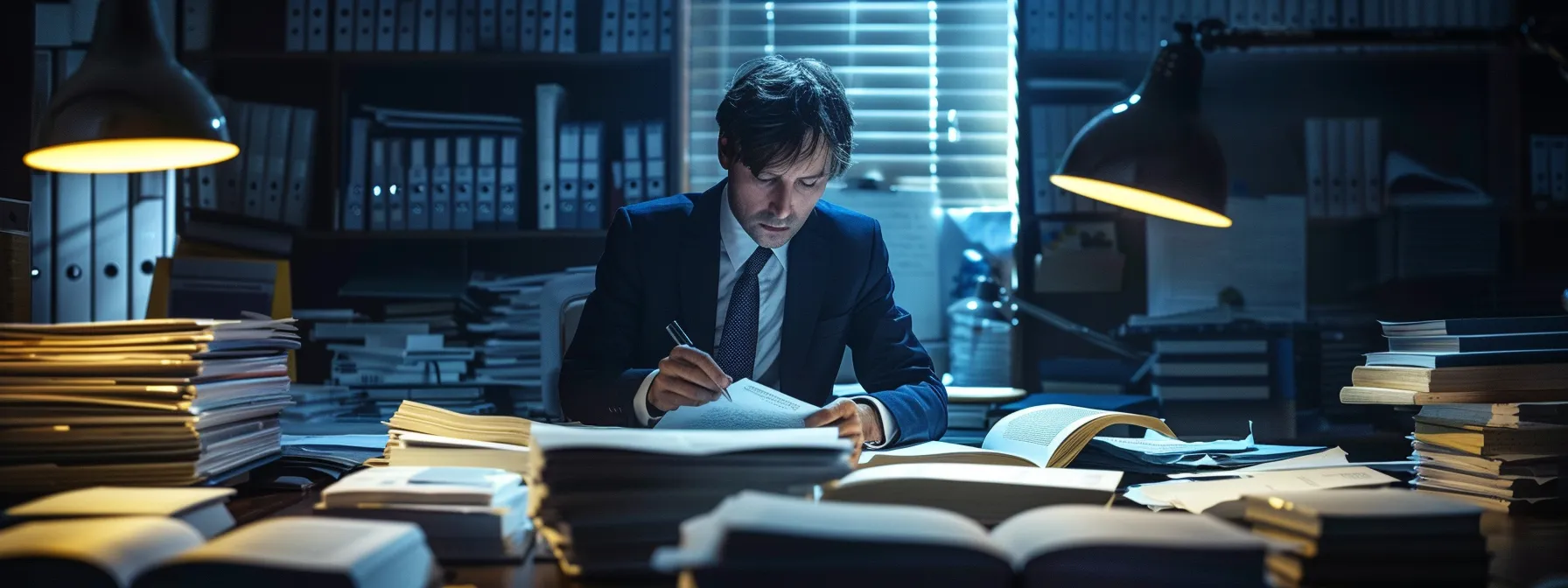 a lawyer reviewing detailed police reports and driver logs in a dimly lit office, surrounded by stacks of evidence.