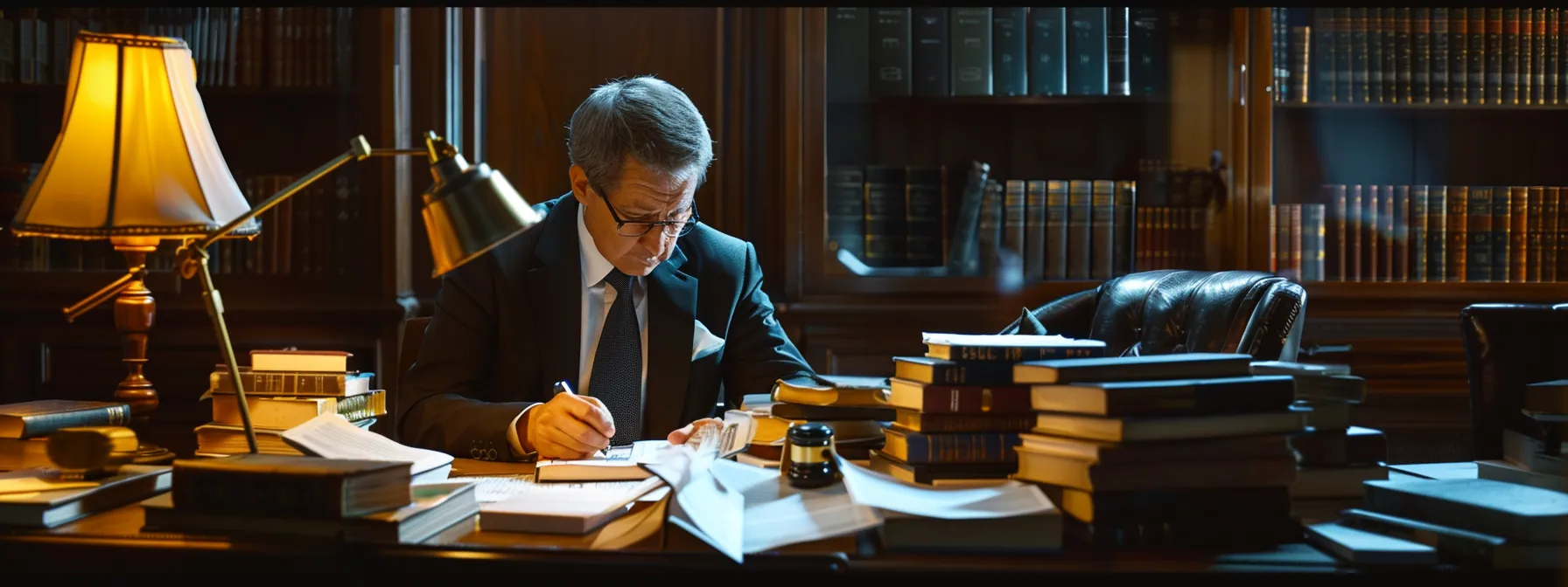 a lawyer studying a detailed legal document surrounded by stacks of law books and a gavel, representing the complex nature of personal injury lawsuits in texas.