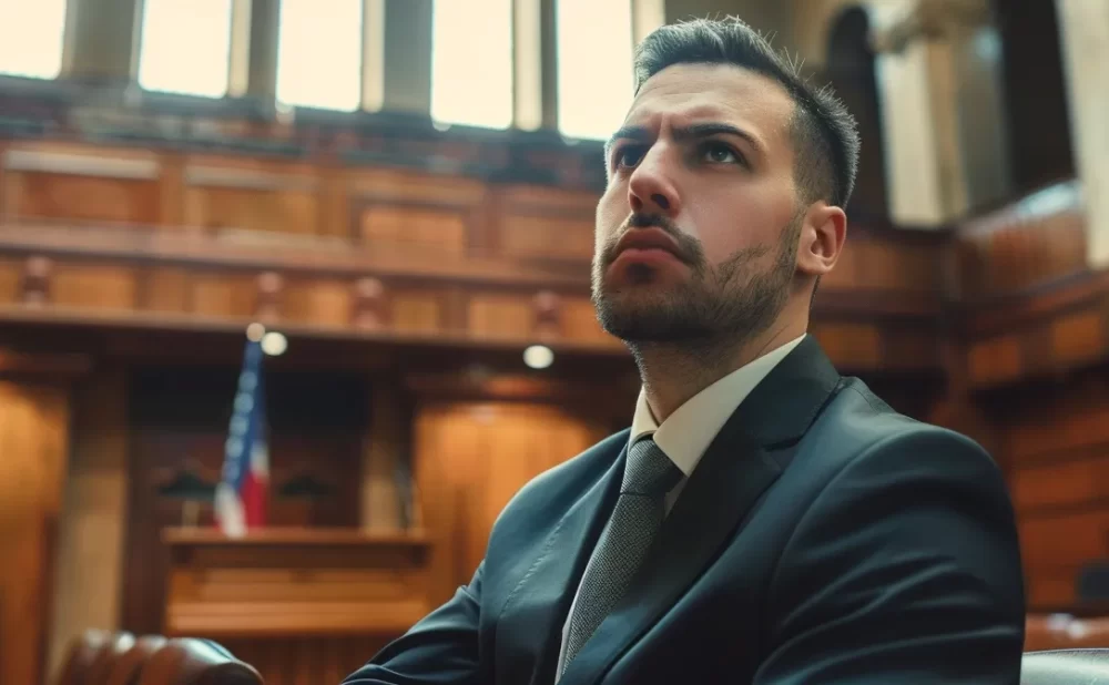 a man in a courtroom, looking determined and confident as he consults with his lawyer before filing a personal injury lawsuit in texas.