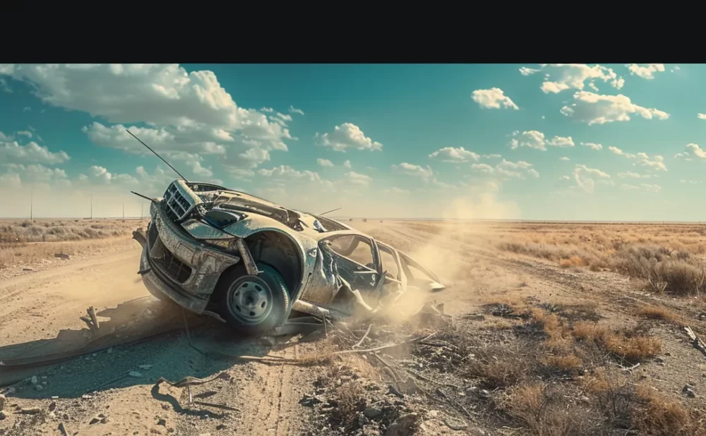 a mangled car overturned on a dusty texas highway.