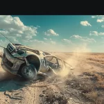 a mangled car overturned on a dusty texas highway.