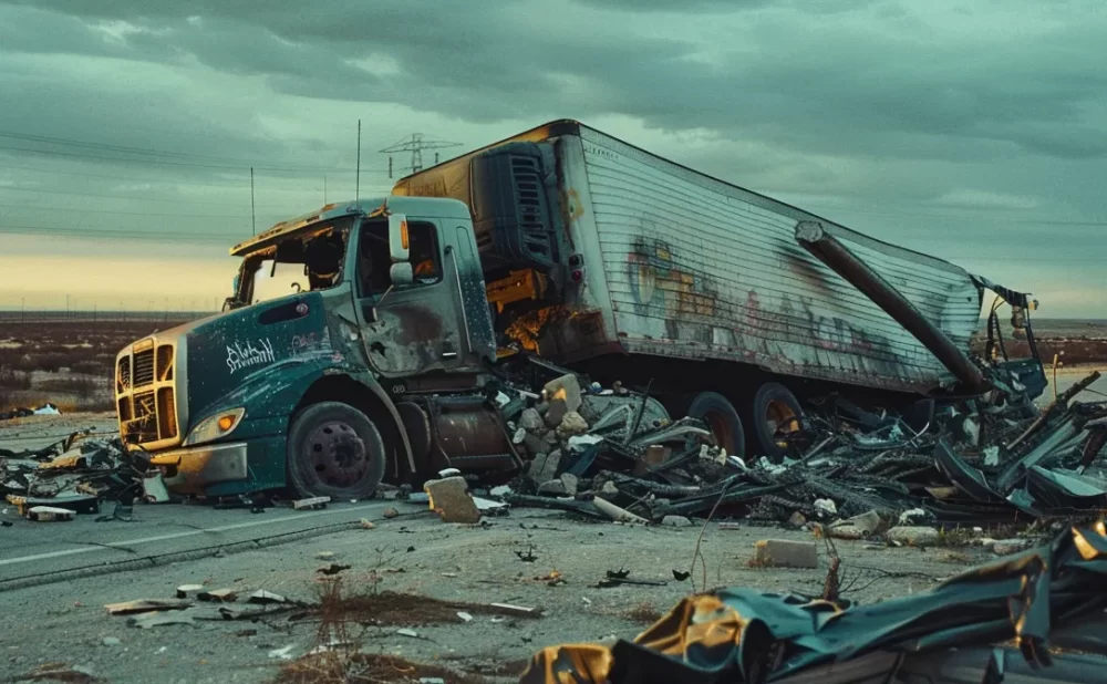 a mangled truck overturned on a deserted texas highway, surrounded by debris and damage.