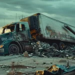 a mangled truck overturned on a deserted texas highway, surrounded by debris and damage.