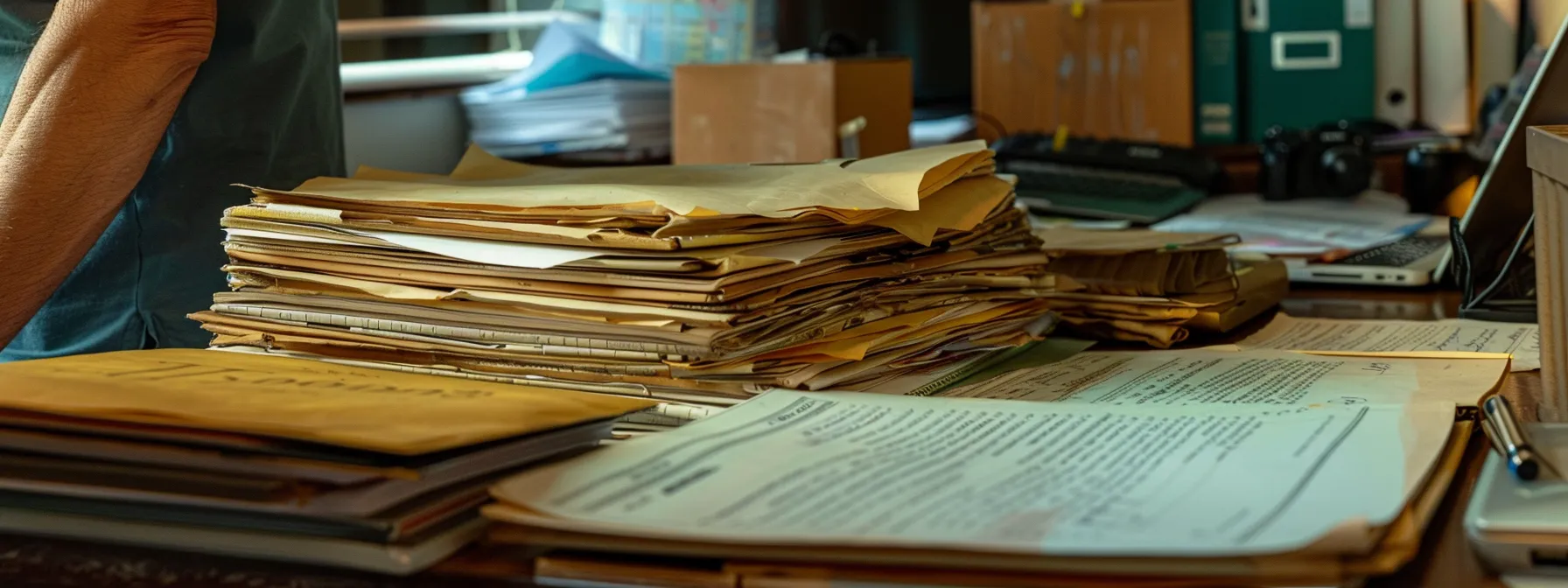 a person carefully organizing a stack of medical records and expense reports on a desk, surrounded by legal documents and a laptop, in preparation for a personal injury lawsuit in texas.