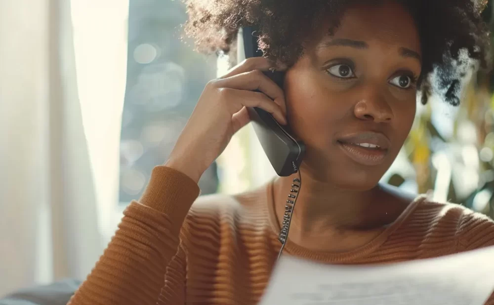 a person confidently speaking on the phone with their insurance company while holding important documents in hand.