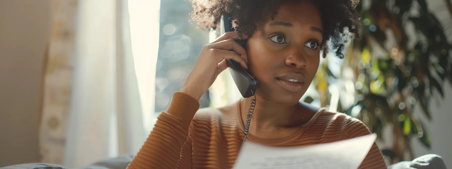 a person confidently speaking on the phone with their insurance company while holding important documents in hand.