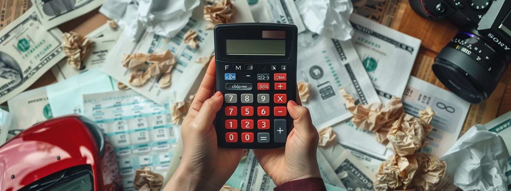 a person holding a calculator surrounded by medical bills, car repair receipts, and a pile of crumpled tissues, symbolizing the complex process of seeking compensation after a texas car accident.