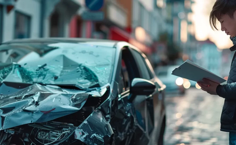 a person holding a legal document while standing next to a damaged car involved in a ride-sharing accident.