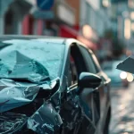 a person holding a legal document while standing next to a damaged car involved in a ride-sharing accident.