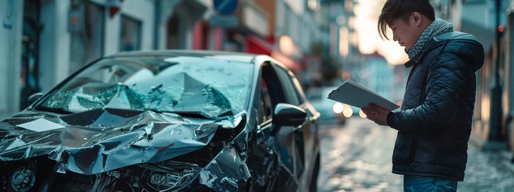 a person holding a legal document while standing next to a damaged car involved in a ride-sharing accident.