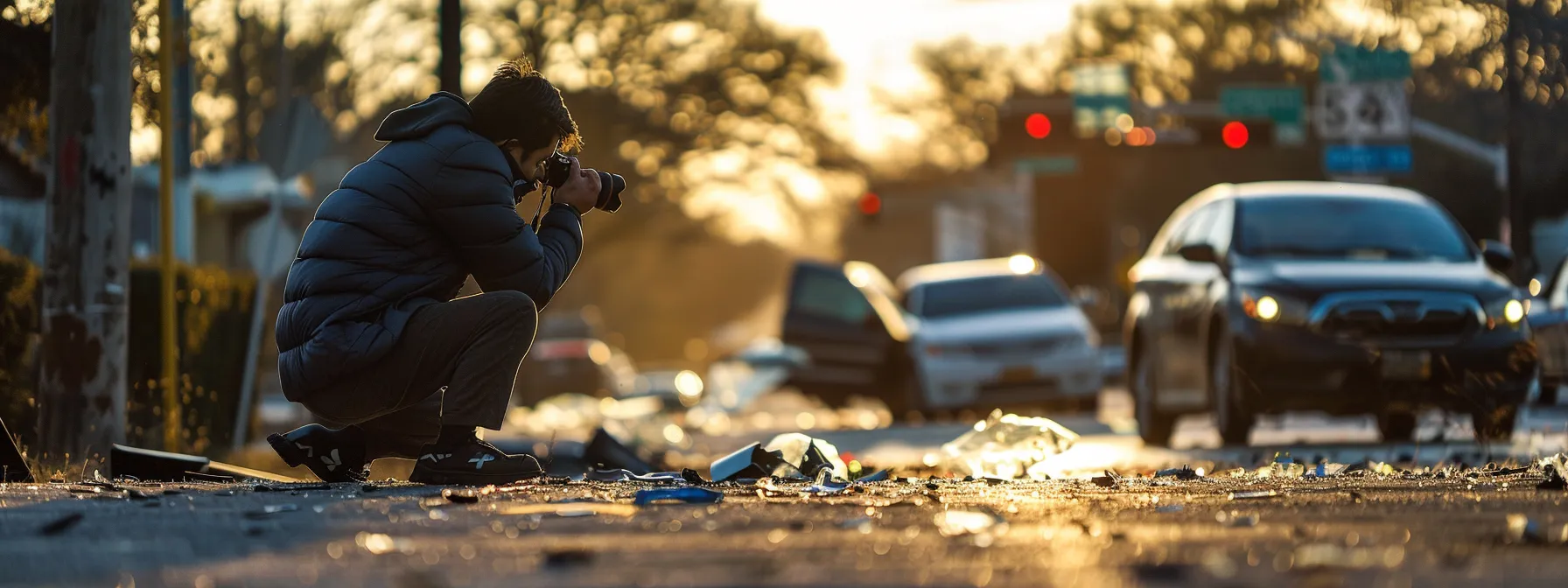 a person in texas carefully documenting a car accident scene with precision and attention to detail.