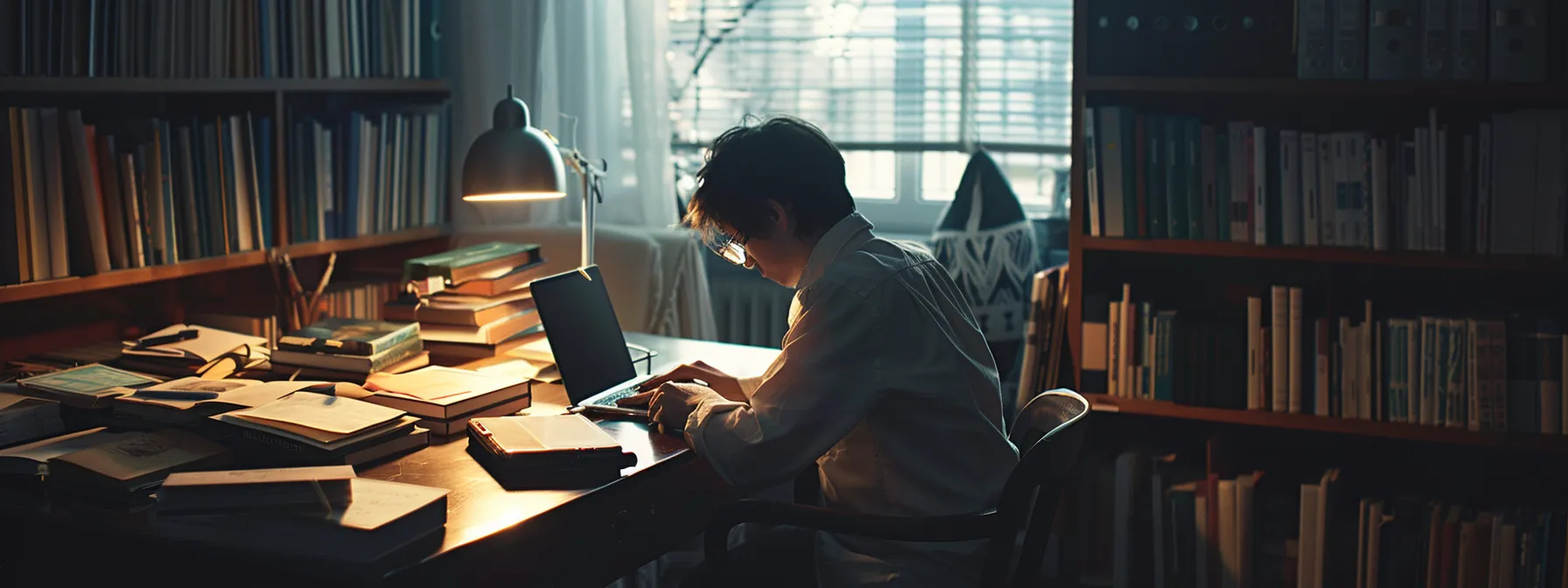 a person sits at a sleek desk, surrounded by books and a laptop, diligently researching potential lawyers for a medical malpractice case.