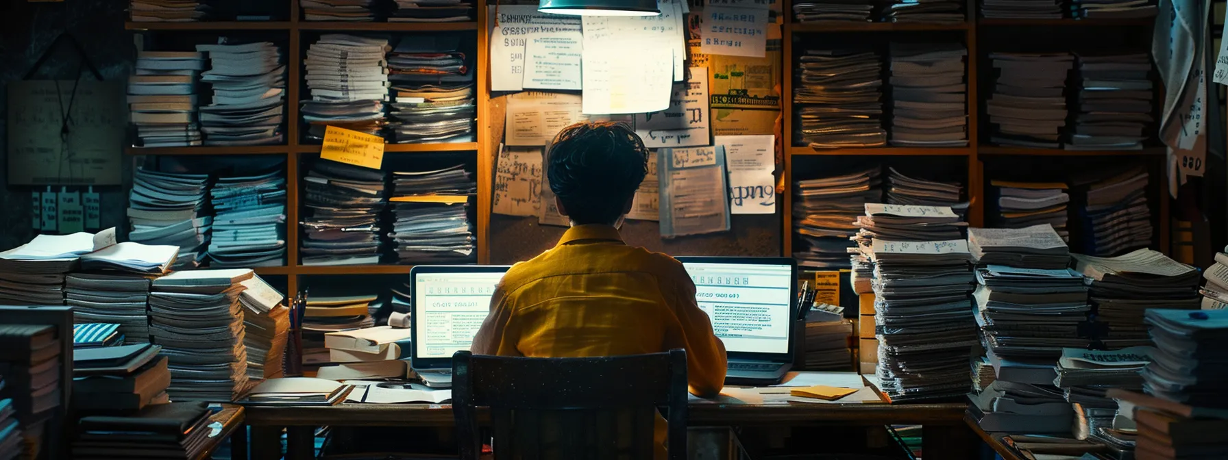 a person sitting at a desk surrounded by stacks of papers, a laptop displaying online reviews, and credentials and licenses pinned to a bulletin board.